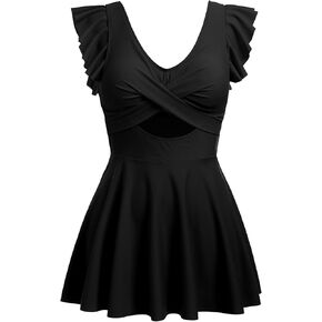 IKADEX Women Swim Dress with Shorts Ruffle Cutout Cross V-Neck Backless Tummy Control Tankini Swimsuit