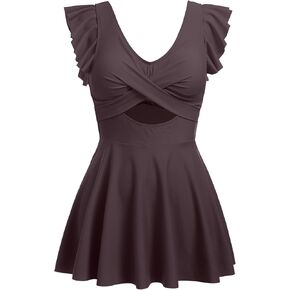 IKADEX Women Swim Dress with Shorts Ruffle Cutout Cross V-Neck Backless Tummy Control Tankini Swimsuit