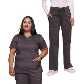 Cherokee Scrub Set for Women Modern Classic Fit Mock Wrap Top WW610 with Mid Rise Moderate Flare Drawstring Pant-WW120, Pewter- M Top/M Pant
