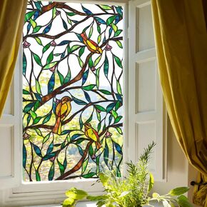 funlife Original Hand-Drawn Stained Glass Window Film, Transparent Double-Sided Static Cling Window Cling, Yellow Bird on Branch Non-Adhesive Glass Windows Decor for Glass Door, 21.65" x 118.11"