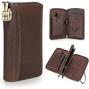 Contacts Full Grain Leather Airtag Passport Holder Travel Clutch Wallet with Code Lock Phone Organizer Large Wristlet Zipper RFID Purse, Deep Brown