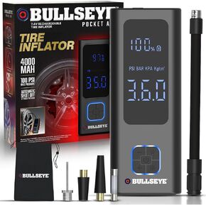 POCKET AIR Car Tire Inflator Portable Air Compressor by Bullseye Pro, Rechargeable 4000MAH Portable Tire Inflator for Car Tire Air Pump Portable, Air Pump for Car Tires with LED Pressure Gauge,7.4V DC