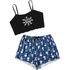 Christmas Pjs for Women Crop Tops Pj Set with Shorts Round Neck Camisole Cute Pajama Sets Halter