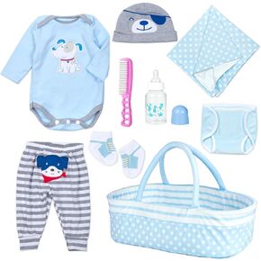 9 Pieces Reborn Baby Doll Clothes Blue Dog Doll Accessories Set for 17-22 Inch Reborn Baby Doll Clothing Gift Sets (Basket+ Blanket)