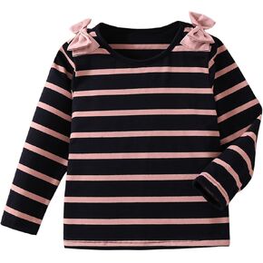 OYOANGLE Girl's Striped Print Bow Knot Round Neck Long Sleeve Tee Shirt Fashionable Comfy Casual Tees