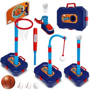 4 in 1 Kids Basketball Hoop and T Ball Set - Toddler Adjustable Basketball Hoop Stand&Baseball Tee with Pitching Machine - Indoor Outdoor Basketball Goal, Sports Toys Gifts for Kids Boys 3-5, 4-8