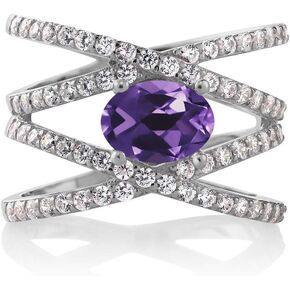 Gem Stone King 925 Sterling Silver Oval Gemstone Birthstone Criss Cross Engagement Ring | Oval 8X6MM Ring For Women | Available In Size 5, 6, 7, 8, 9