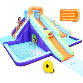 AirMyFun Inflatable Waterslide, Kids Bounce House with Blower, Extended Water Slip Waterslide, Bouncy House Water Park, Dual Slide, Water Spray, Splash Pool, A83023