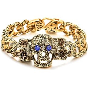 COOLSTEELANDBEYOND Mens Gold Black Steel Fancy Curb Chain Bracelet with Sugar Skulls Charm Blue Cubic Zirconia Eyes