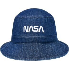 Concept One NASA Logo Bucket Hat, Packable Travel Hat, Wide Brim Summer Hat, Denim, Small/Medium