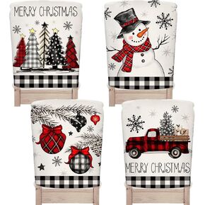 4Pcs Christmas Chair Back Cover Black White Plaid Xmas Tree Snowman Truck Seat Covers Dining Chair Slipcover Protector for Holiday Home Kitchen Decor