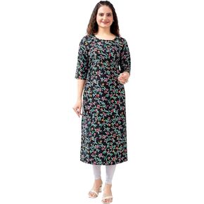 Women's Black Rayon 3/4 Sleeves Round Neck Calf Length Floral Printed Straight Kurti