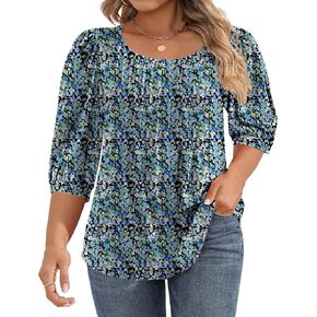 Ficerd Women's Plus Size Tunic Tops 3/4 Puff Sleeve Fall Shirts Crew Neck Blouses Curved Hemline Pleated Design XL-5XL