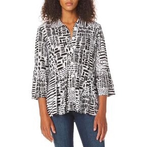 Ali Miles Women's Textured Knit Bell Cuff Three Quarters Sleeves Button Front Tunic
