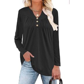 Micoson Women's Long Sleeve Blouses Dressy Casual 2024 Fall Winter Henley V Neck Tunic Tops Button Shirts