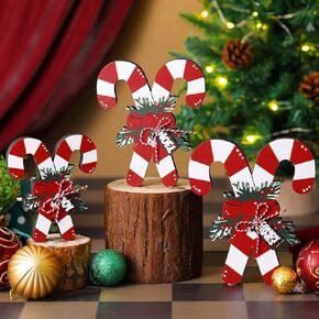 Kasyat 3 Pack Christmas Candy Cane Table Decoration Christmas Table Decor Candy Wood Table Sign Xmas Centerpieces for Tables Christmas Tiered Tray Decor Red White Twisted Candy Canes for Home Shelf