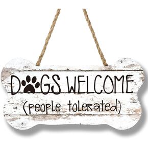963RW Dog Welcome Signs for Home Decor, Dog Bone Shape Wood Plaque Signs Decor, Dog Decorative Plaque with Hanging Rope for Wall, Dogs Welcome People Tolerated, Front Door Decor 12x6 In