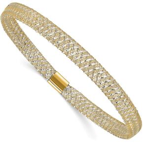 14k Yellow and White Gold Two Tone Stretch Bangle Cuff Bracelet 7" (Width = 6mm)