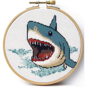 Generic Counted Easy Cross Stitch Kits Shark Color Stamped Embroidery for Starter Kits DIY 11CT Stamped Patterns Embroidery Needlework Kit Supplies 12 Inch Hoop Included(79-L), ZGF-XIUPE 972ADK78