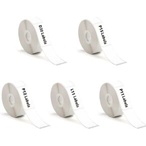 5rolls D30 Thermal Label Tape 15 * 30 White Adhesive Lable Paper Suit for P15 Q30 P11 M50 Tapes Waterproof Stickers Compatible with P11, P12, L11，P15Label Paper