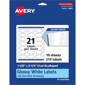 Avery Glossy White Oval Scalloped Labels with Sure Feed, 1-1/8" x 2-1/4", 210 Glossy White Labels, Print-to-The-Edge, Permanent Label Adhesive, Laser/Inkjet Printable Labels