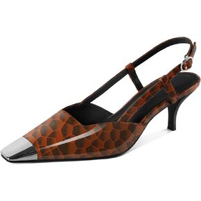SAMMITOP Slingback Kitten Heels for Women Silver Cap Square Toe Low Stiletto Slip On Pumps with Buckle Strap Dress Work Heeled Sandals Shoes 2.4 Inch