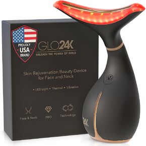 GLO24K Red Light Skin Rejuvenation Beauty Device for Face and Neck. Based on Triple Action LED, Thermal, and Vibration Technologies. Lifts and Tightens Sagging Skin for a Radiant Appearance.