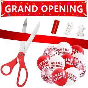 Red Grand Opening Ribbon Cutting Ceremony Kit with 25" Giant Scissors, 5Yd 4" Wide Ribbons, 10Ft Grand Opening Banner with Rope, 30 Pack Balloons Set with 3 Rolls 32Ft Ribbons