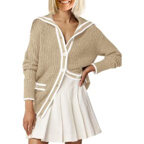 Saodimallsu Womens Collared Cardigan Sweaters Oversized Open Front Button Color Block Sweater Coat with Pockets