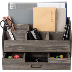 Distressed Rustic Wooden Office Desk Organizer 5 Compartment with 2 Drawer &Counter Desk Tabletop Desktop Mail Rack, Pens, Notebooks, Folders, Pencils and Office Supplie(black)