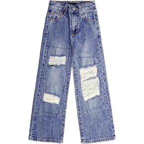 KIDSCOOL SPACE Girls Wide-Leg Ripped Denim Pants, 5-14T Loose-fit Distressed Fashion Flared Jeans