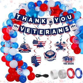147 Pcs Happy Veterans Day Party Decorations, Blue Red White Balloon Garland Arch Kit, Thank You Veterans Banner and Swirls Set for Thank You Veterans Party, Patriotic Party Supplies