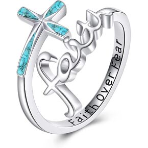 URONE Faith Cross Rings Adjustable Sterling Silver Turquoise Faith Over Fear Cross Rings Christian Religious Jewelry Gifts For Women Men