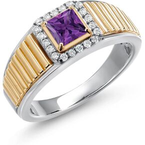 Gem Stone King 925 Silver and 10K Yellow Gold 5MM Princess Cut Gemstone Birthstone and 1.2MM Round White Lab Grown Diamond Statement Ring For Men | Available in Size 7-13