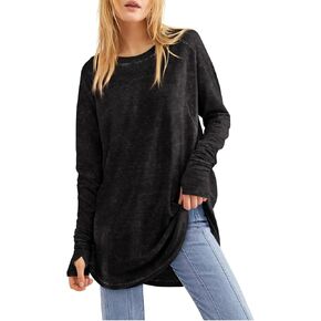 Tankaneo Womens Oversized Long Sleeve Shirts Vintage Washed Casual Loose Fit Tunic Tops with Thumb Holes