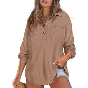 RITERA Plus Size Womens Waffle Knit Tops V Neck Henley Shirts Button up Blouse Long Sleeve Long Tunic Top