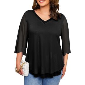 Plus Size Blouses for Women Ruffle 3/4 Sleeve Tunic Tops V Neck Casual Outfits Double Layers Mesh Shirt Loose Fit