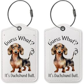 علامات الأمتعة الكلب لحقائب السفر، مضحك لطيف Dachshund 2 حزمة علامات حقيبة السفر، تخمين ما الملحقات السفر، تسمية علامة الأمتعة مع حلقة الصلب، هدايا عشاق Dachshund
