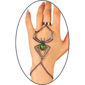 Goth Black Spider Hand Chain Bracelets for Women Man, Gothic Green Crystal Slave Ring Bracelet Trendy Halloween Finger Bracelet Jewelry Gifts