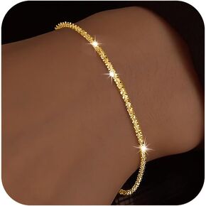 Dainty Shiny 925 Sterling Silver Bracelets for Women 14K Gold Plated Simple Twist Rope Chain Bracelet Minimalist Adjustable Link Charm Bracelet Jewelry Birthday Gifts for Mom