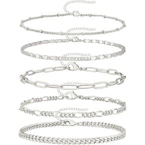 Silver Bracelets for Women, Dainty Silver Bracelets for Women Set 14K Silver Bracelet Stack Waterproof Jewelry for Women Trendy Minimalist Simple Small Thin Bracelet Set for Women Gift