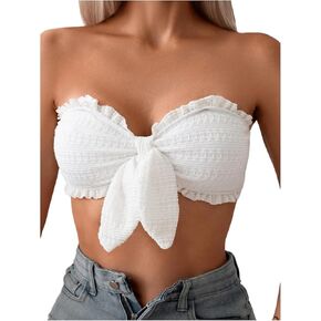 WDIRARA Women's Ruffle Trim Strapless Bandeau Bikini Top Knot Front Bathing Suit Tops