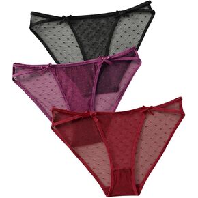 SHENHE Women's 3 Pack Mesh Sheer Panties Embroidery Bowknot Underwear Mid Rise Thong