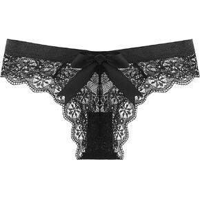 Womens Lace Bow Thongs T Back Low Waist Panties Sexy V-Shape Design Floral Lace Panties Undies for Women