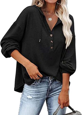 Womens Lightweight Hoodie Pullover Tshirt Long Sleeve Button Down Oversized Hoodie Blouse Tops in Kuwait