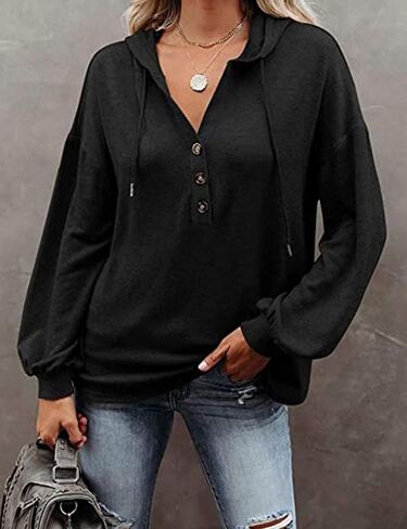 Womens Lightweight Hoodie Pullover Tshirt Long Sleeve Button Down Oversized Hoodie Blouse Tops in Kuwait