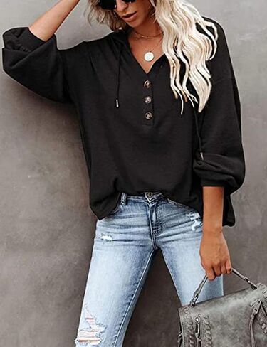 Womens Lightweight Hoodie Pullover Tshirt Long Sleeve Button Down Oversized Hoodie Blouse Tops in Kuwait