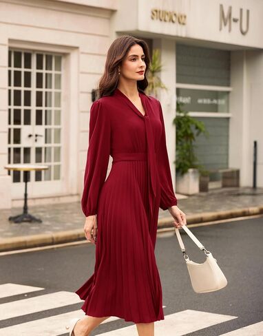 GRACE KARIN فستان نسائي خريف 2024 بأكمام طويلة كاجوال بياقة على شكل V مطوي على شكل حرف A فساتين متوسطة الطول متدفقة in Kuwait