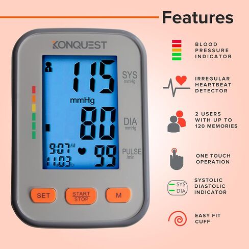 جهاز مراقبة ضغط الدم الأوتوماتيكي من أعلى الذراع من Konquest KBP-2704A - سوار قابل للتعديل - شاشة كبيرة بإضاءة خلفية - كاشف ضربات القلب غير المنتظمة - مقياس التوتر in Kuwait