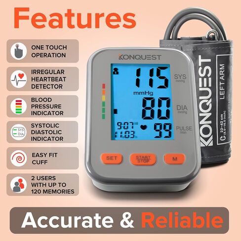 جهاز مراقبة ضغط الدم الأوتوماتيكي من أعلى الذراع من Konquest KBP-2704A - سوار قابل للتعديل - شاشة كبيرة بإضاءة خلفية - كاشف ضربات القلب غير المنتظمة - مقياس التوتر in Kuwait